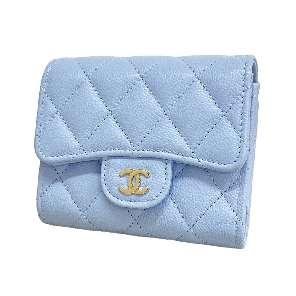 Chanel Tri-fold Wallet, Matelassé, Caviar Leather, Light Blue/Champagne, Women's